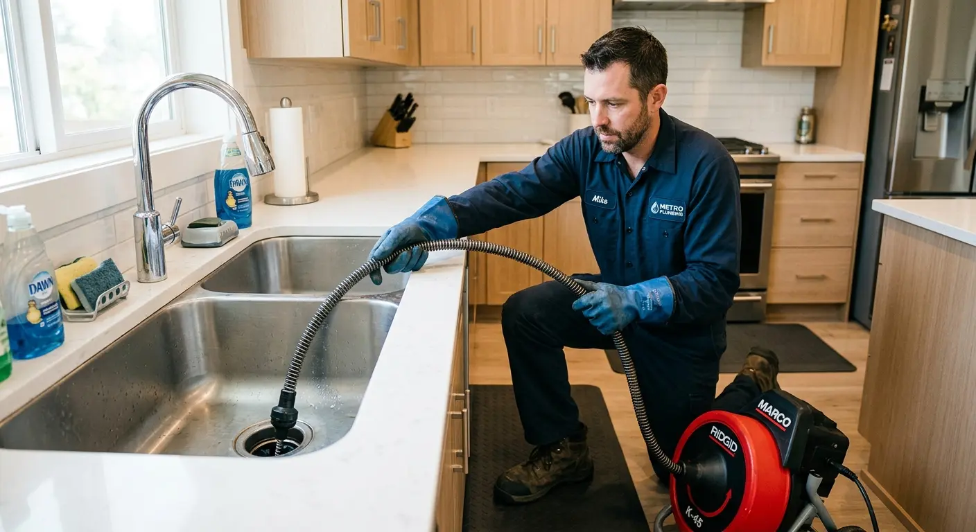 Drain cleaning technician using a motorized snake on a kitchen sink in Palm Desert
