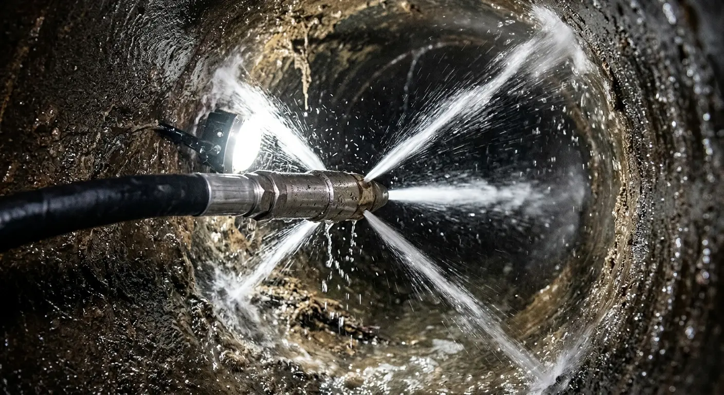 High-pressure hydro jetting nozzle cleaning sewer pipe for Sewer Cleanout in Palm Desert