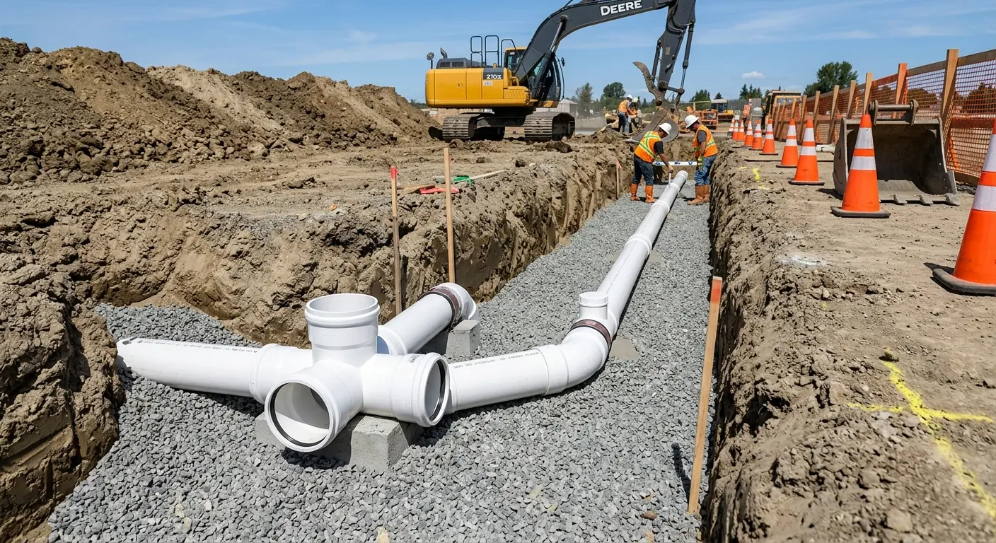 New PVC sewer pipe installation in open trench for Sewer Backup in Palm Desert
