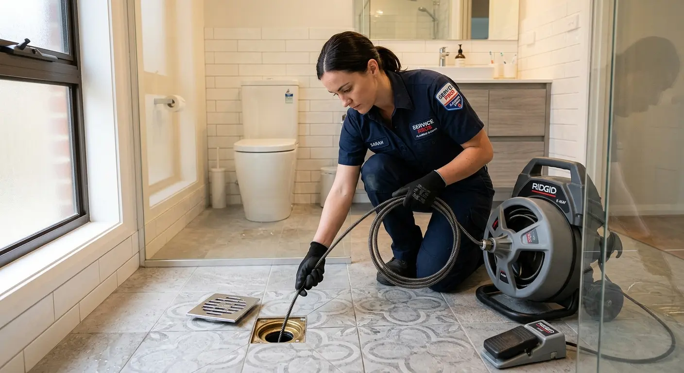 Technician clearing a bathroom floor drain for Drain Cleaning in Palm Desert